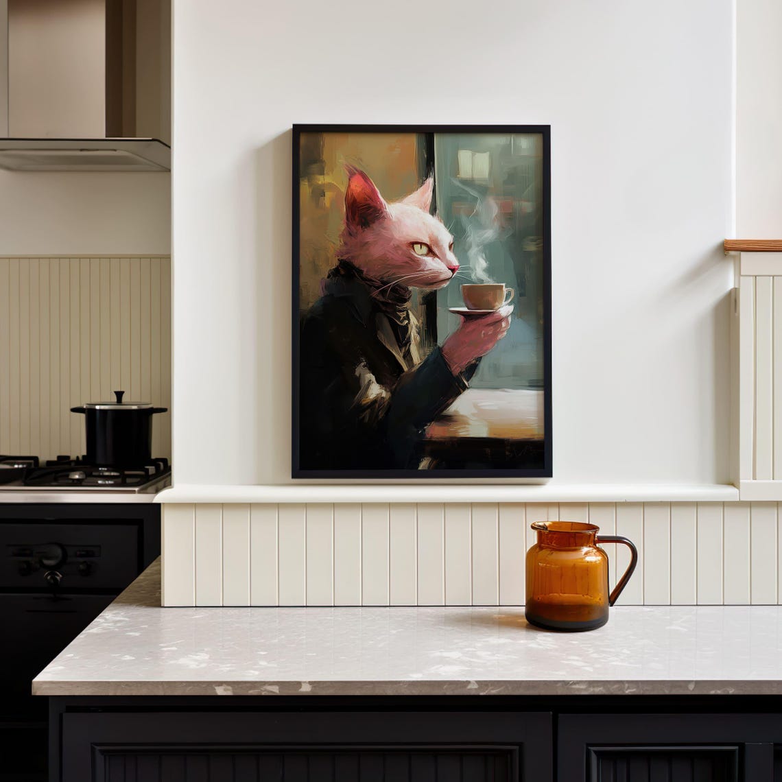Pink Cat in Suit Drinking Coffee Funny Cafe Animal Wall Poster - Image 7