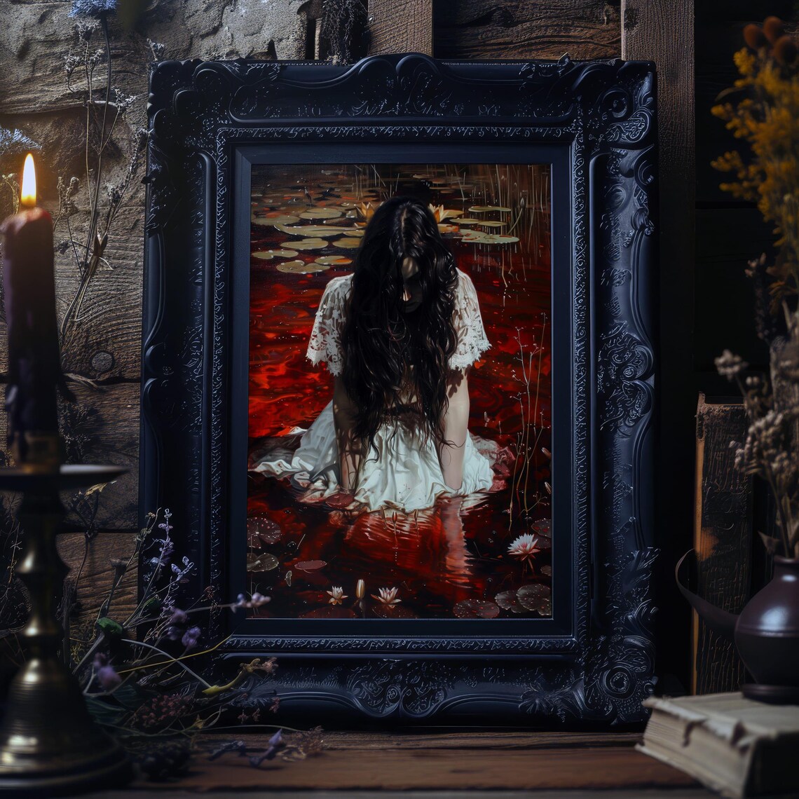 Gothic Woman White Dress Dark Red Water Lily Pond Art Poster - Image 5