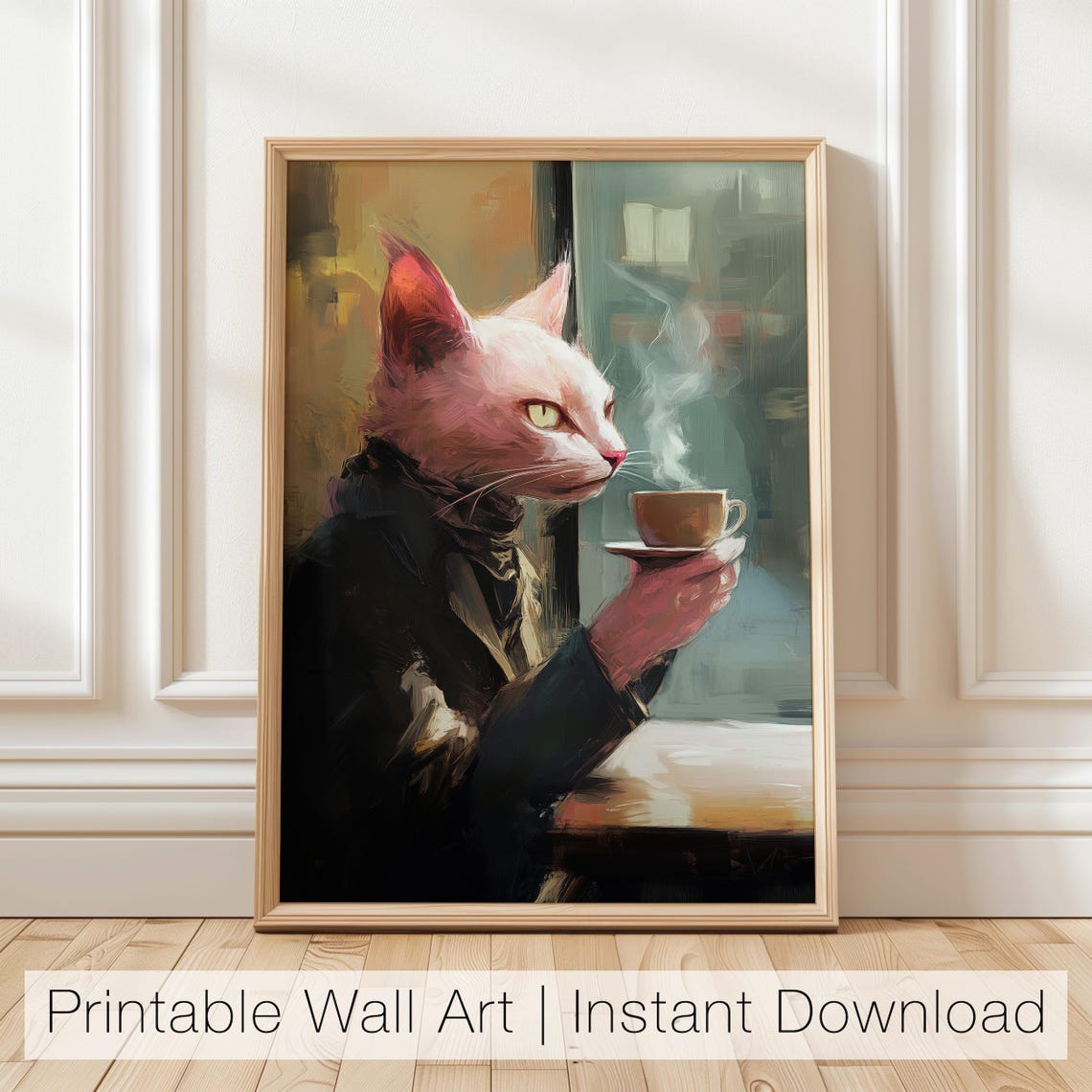Pink Cat in Suit Drinking Coffee Funny Cafe Animal Wall Poster