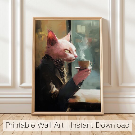 Pink Cat in Suit Drinking Coffee Funny Cafe Animal Wall Poster