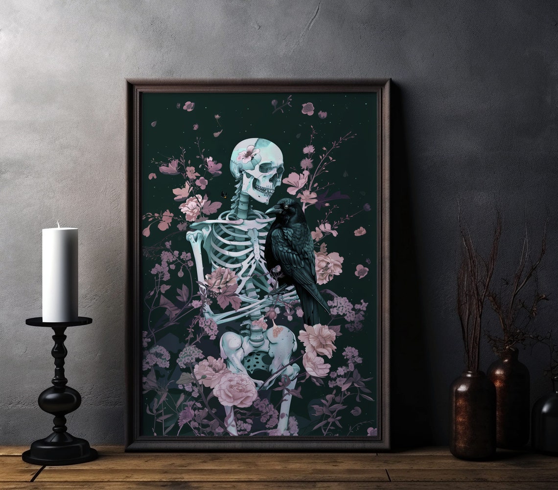 Skeleton And Raven Among Pink Blossoms Dark Gothic Floral Art Poster - Image 8