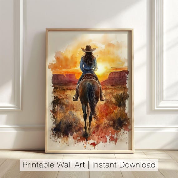 Cowgirl Riding At Sunset Art Western Landscape Print Rustic Country Wall Art Female Cowboy Farmhouse Decor