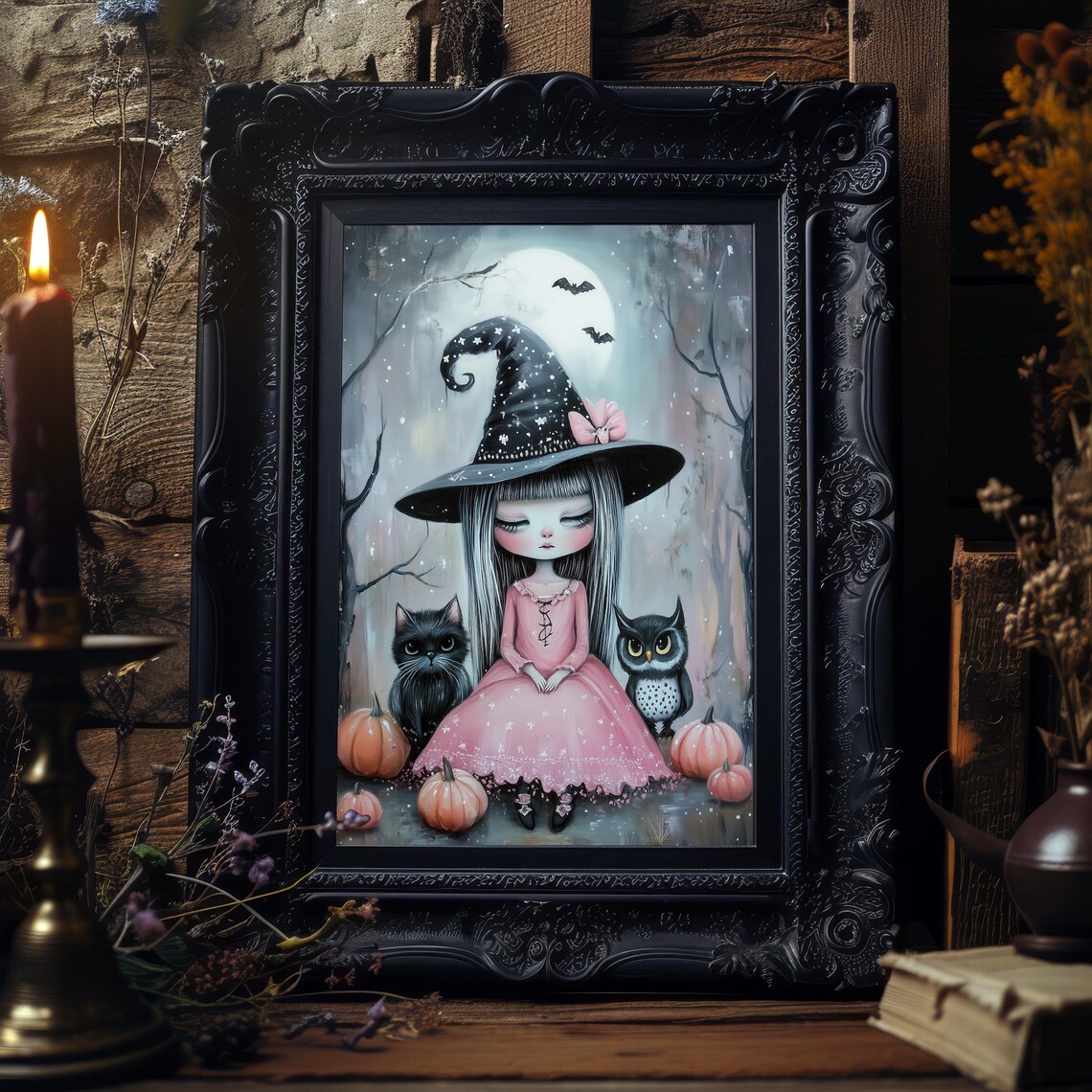 Cute Witch Girl With Cat Owl Moon Pink Halloween Fantasy Art Poster - Image 8