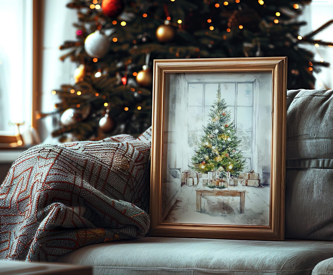 Watercolor Christmas Tree With Lights and Gifts Holiday Art Poster - Image 6