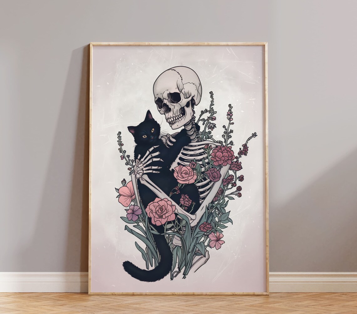 Gothic Skeleton With Cat, Dark Floral Art Print