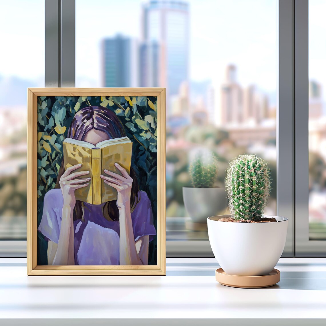 Woman Reading with Book Covering Her Face Among Green Foliage Poster - Image 4