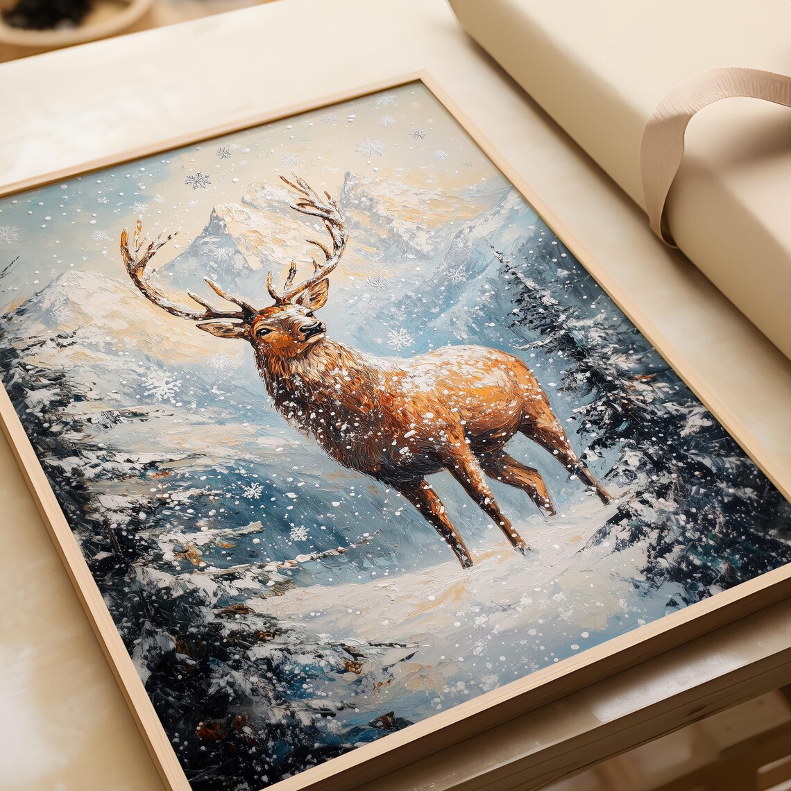 Majestic Stag in Snowy Mountain Landscape with Falling Snowflakes Poster - Image 2
