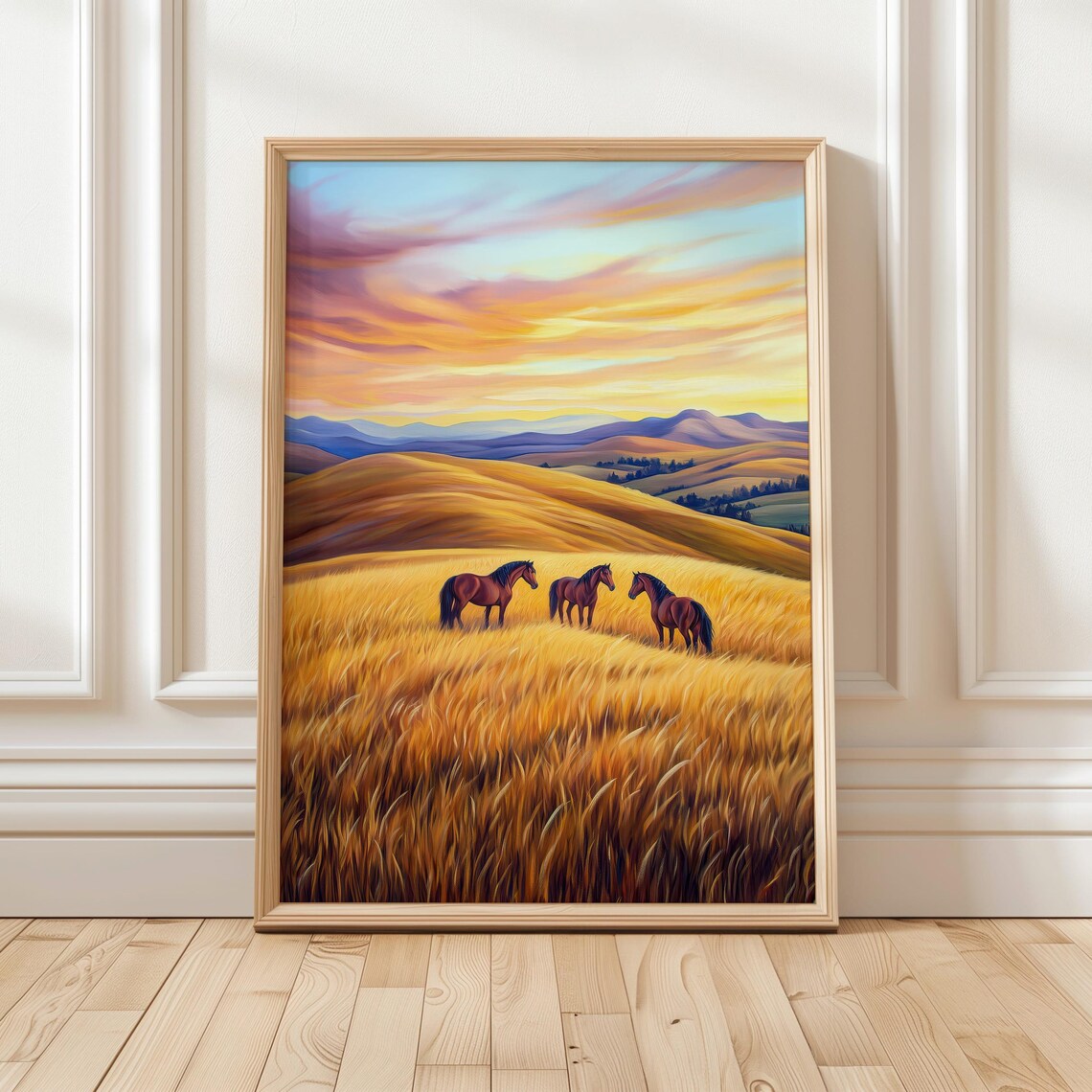 Three Wild Horses in Golden Sunset Prairie Wheat Field Poster