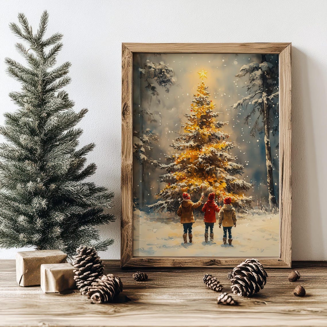 Three Children Admiring Glowing Christmas Tree Snowy Forest Poster - Image 6