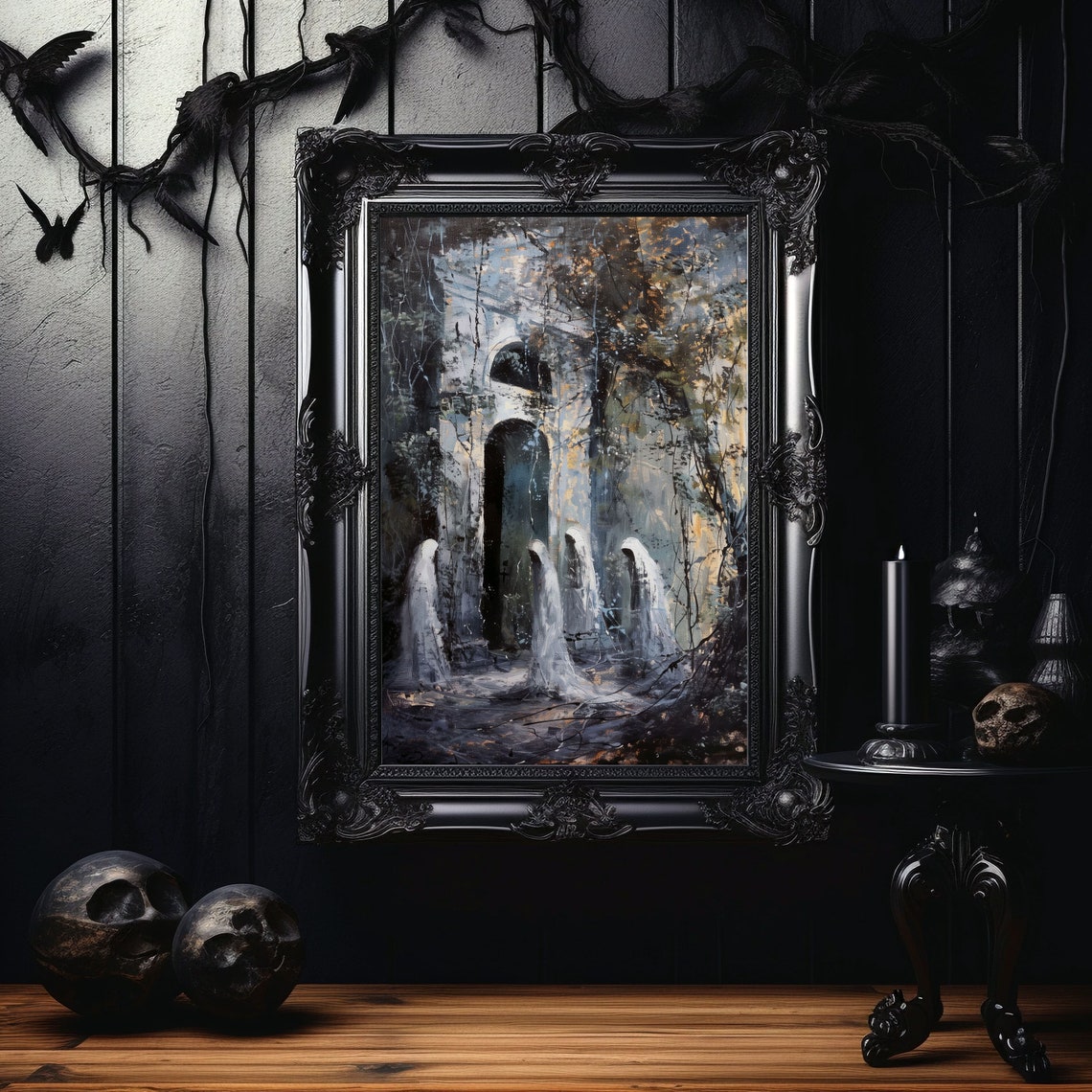 Ghosts Among Ancient Ruins Dark Forest Night Gothic Art Poster - Image 6
