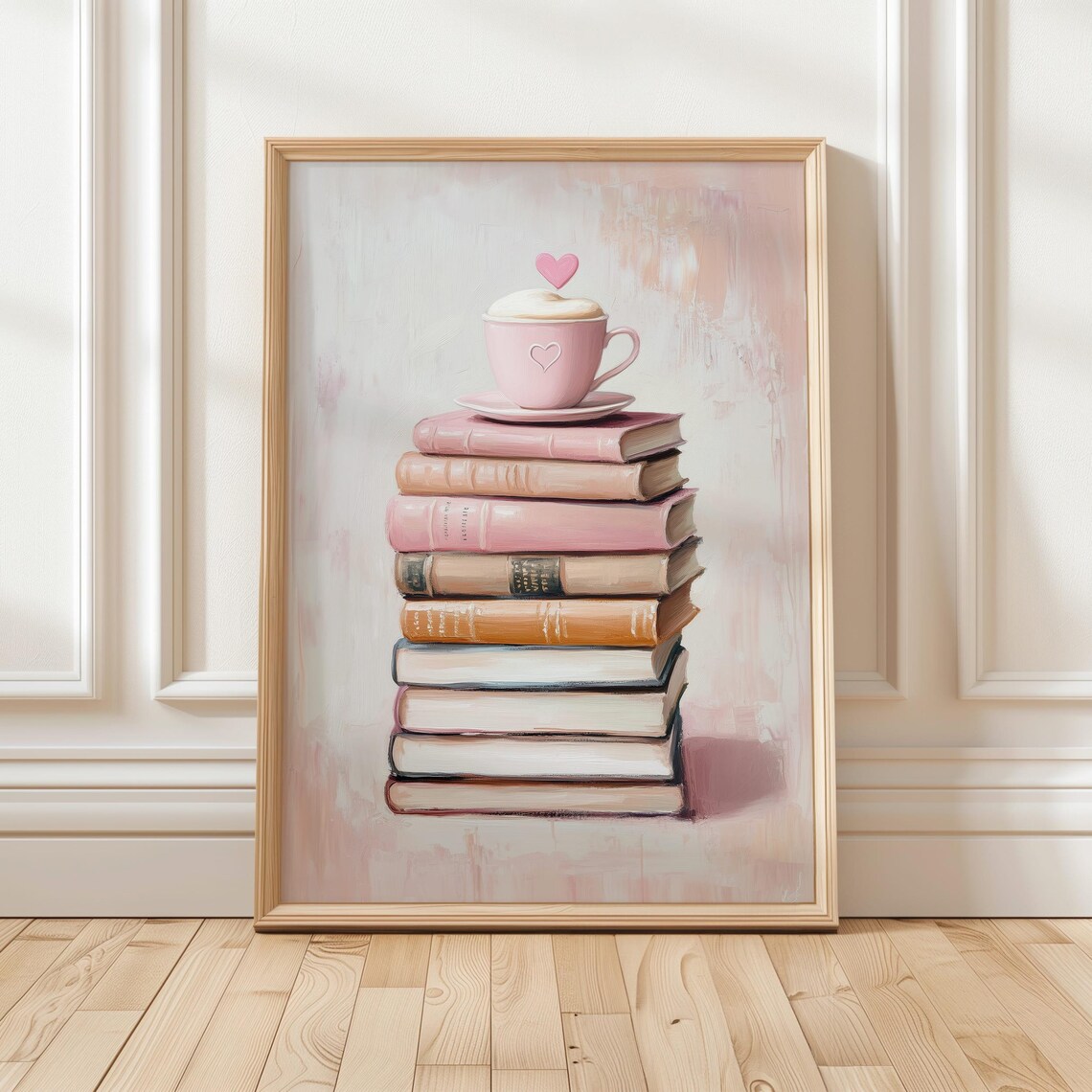 Pink Book Lover Art Print, Cozy Coffee Books Decor