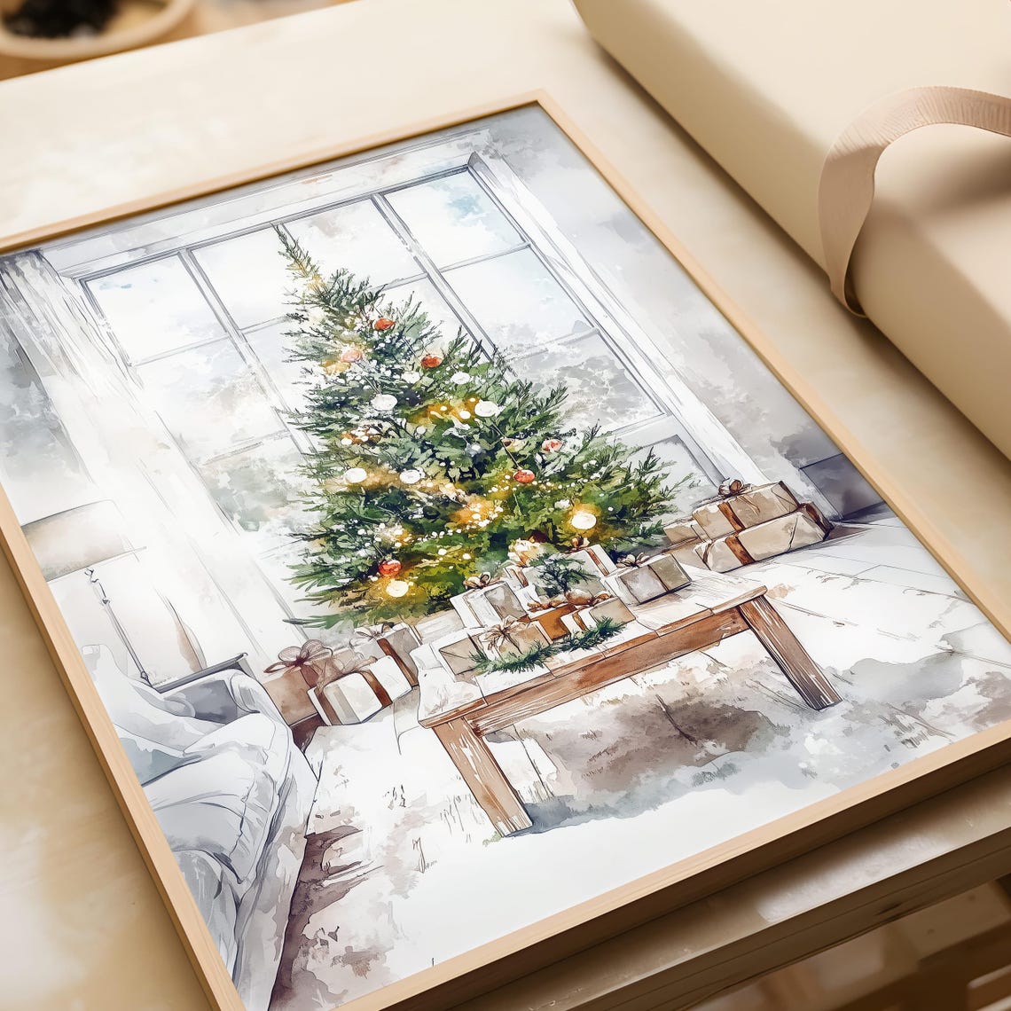 Watercolor Christmas Tree With Lights and Gifts Holiday Art Poster - Image 4