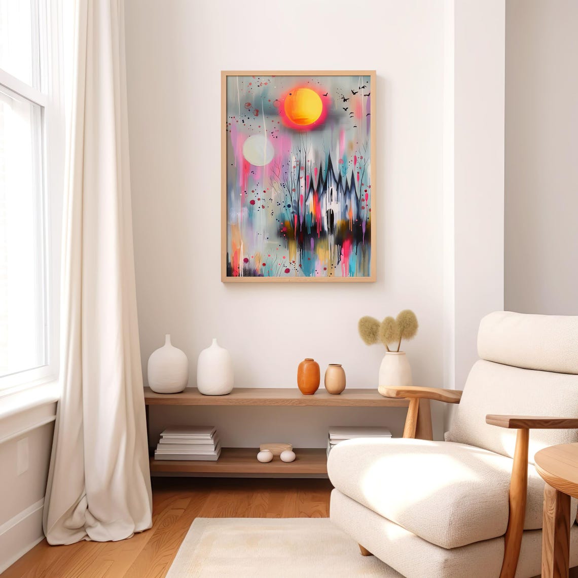 Colorful Gothic Castle Neon Drip Paint Haunted Sunset Wall Art - Image 3