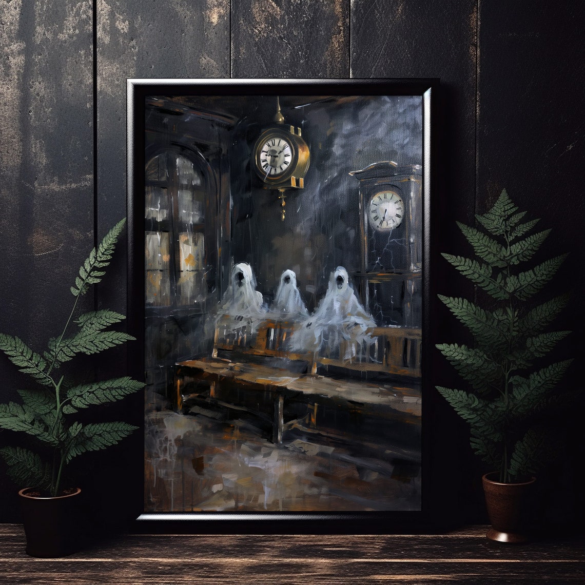Three Ghosts in Old Waiting Room Clock Dark Gothic Art Poster - Image 5