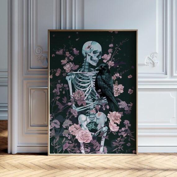 Skeleton And Raven Among Pink Blossoms Dark Gothic Floral Art Poster