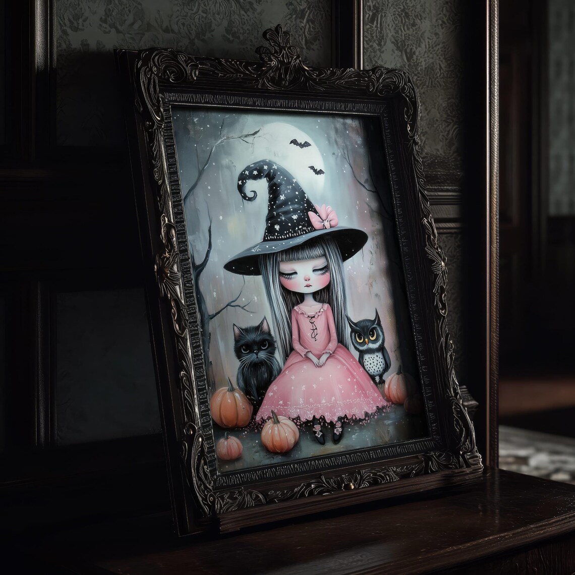 Cute Witch Girl With Cat Owl Moon Pink Halloween Fantasy Art Poster - Image 2