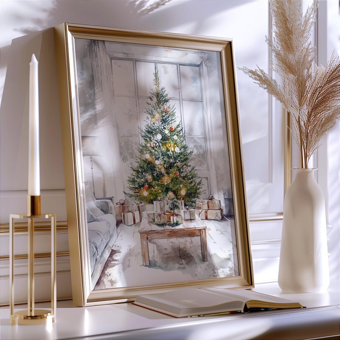 Watercolor Christmas Tree With Lights and Gifts Holiday Art Poster - Image 3