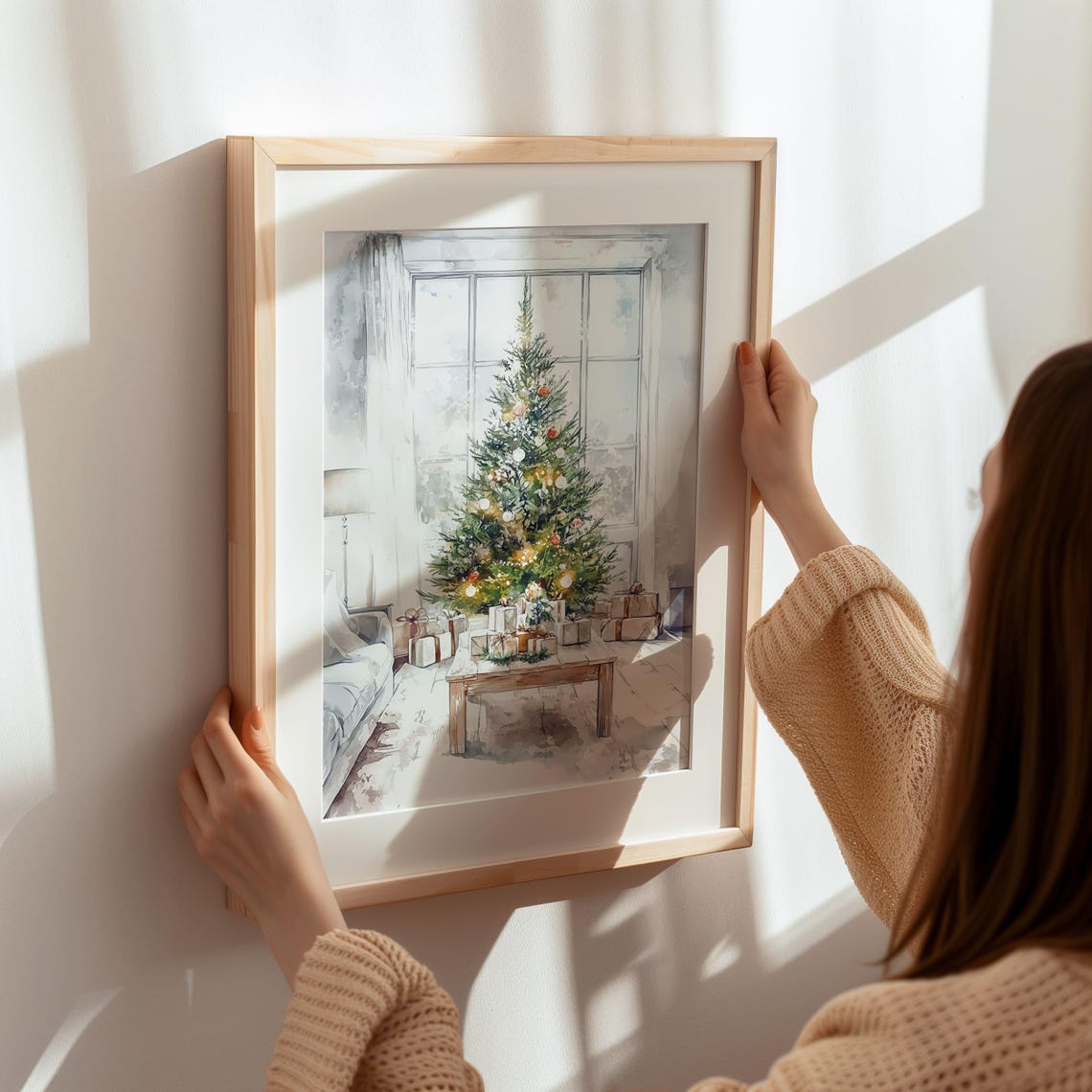 Watercolor Christmas Tree With Lights and Gifts Holiday Art Poster - Image 5