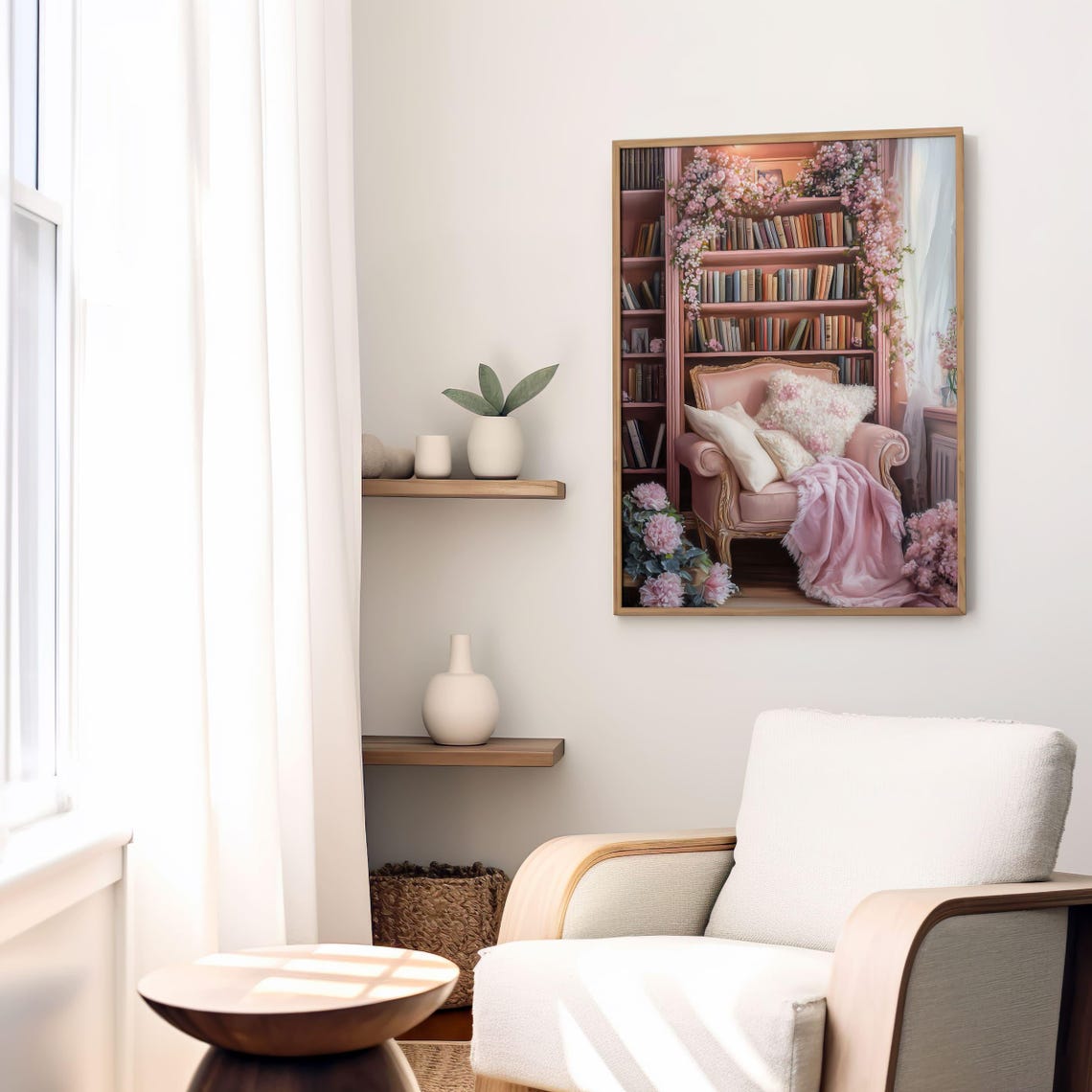 Pink Blush Reading Nook Plush Armchair With Cherry Blossoms Poster - Image 4