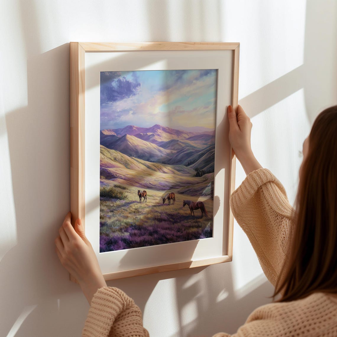 Wild Horses Grazing In Purple Mountain Meadow At Sunset Poster - Image 7