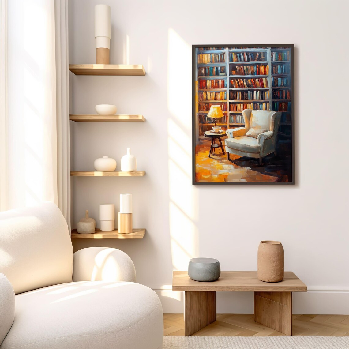 Cozy Reading Nook Armchair Library Oil Painting Book Decor Poster - Image 2