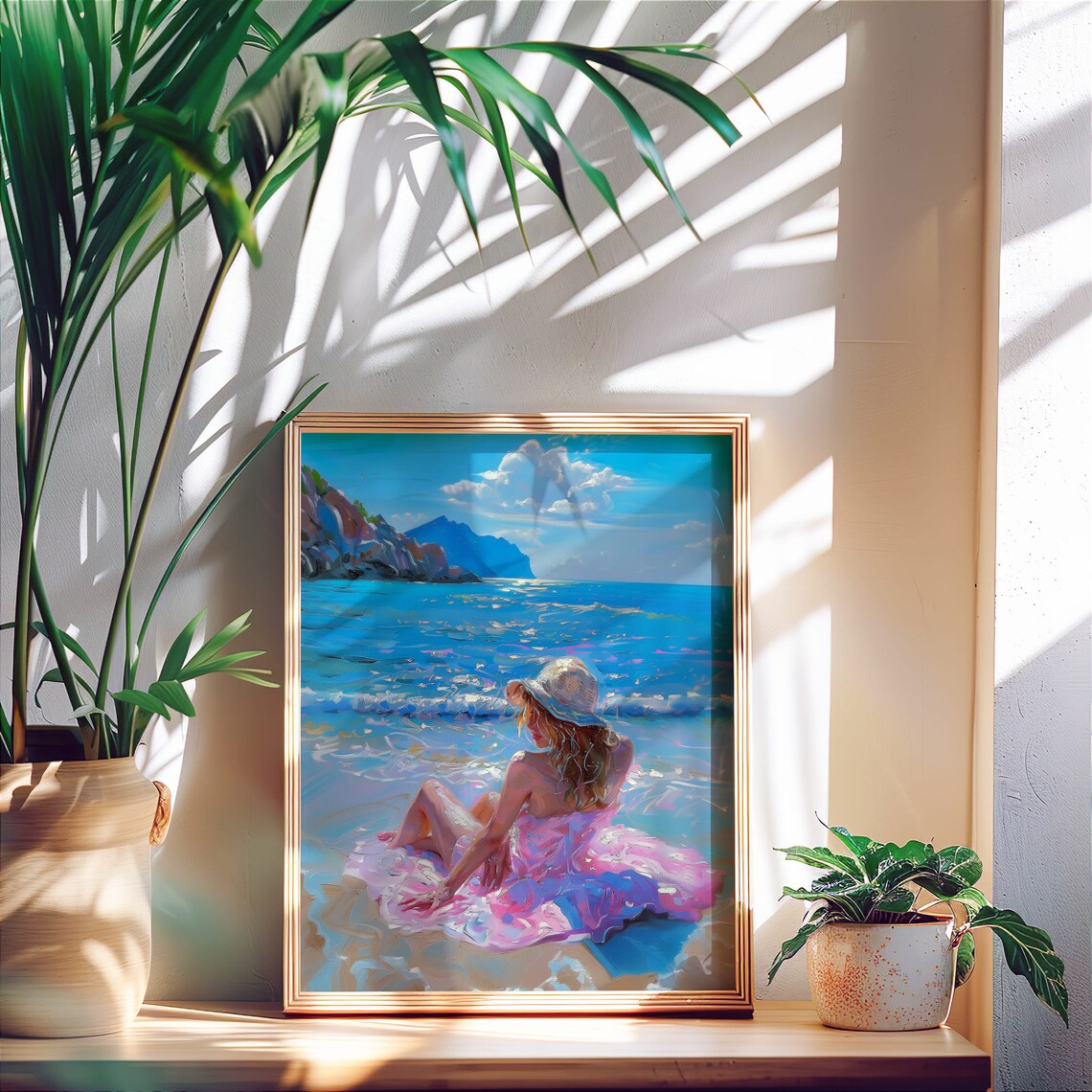 Woman In Pink Dress And Sun Hat At The Beach Coastal Art Poster - Image 3