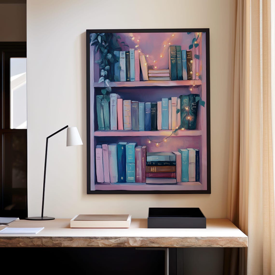 Pastel Pink Bookshelf With Glowing Fairy Lights Cozy Decor Poster - Image 7