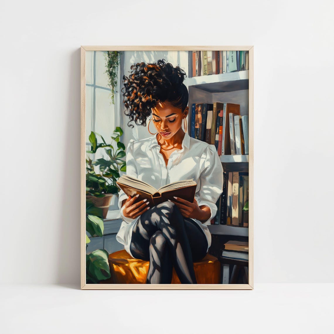 Black Woman With Curls Reading By Bright Window Bookshelf Poster - Image 8