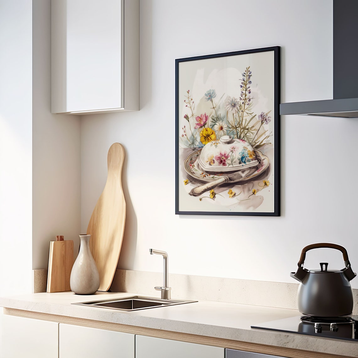 Shabby Chic White Floral Butter Dish Watercolor Kitchen Print - Image 8