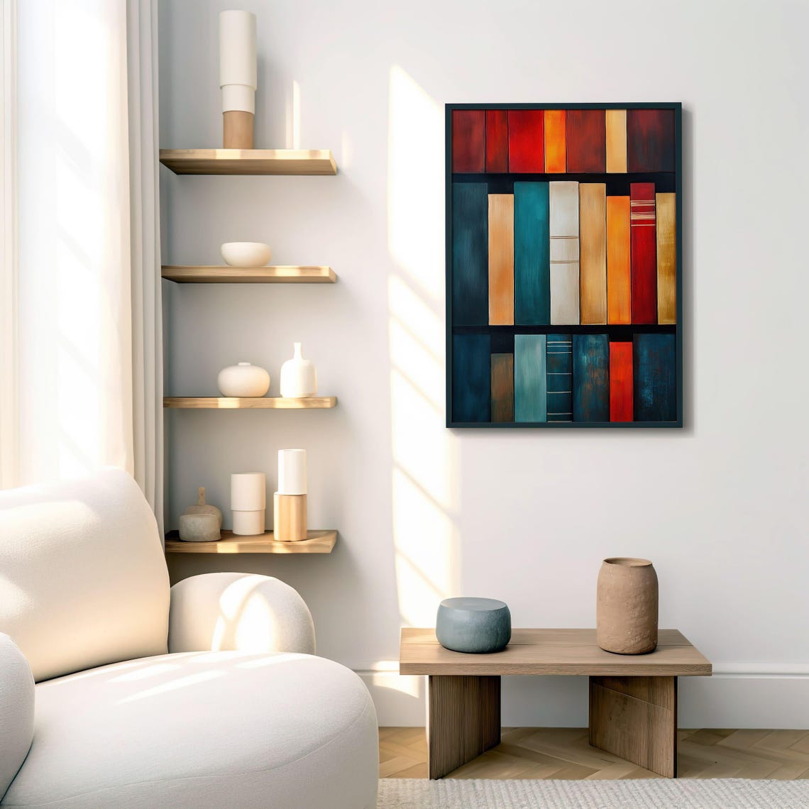 Abstract Colorful Bookshelf Oil Painting Teal Red Book Spines Poster - Image 4