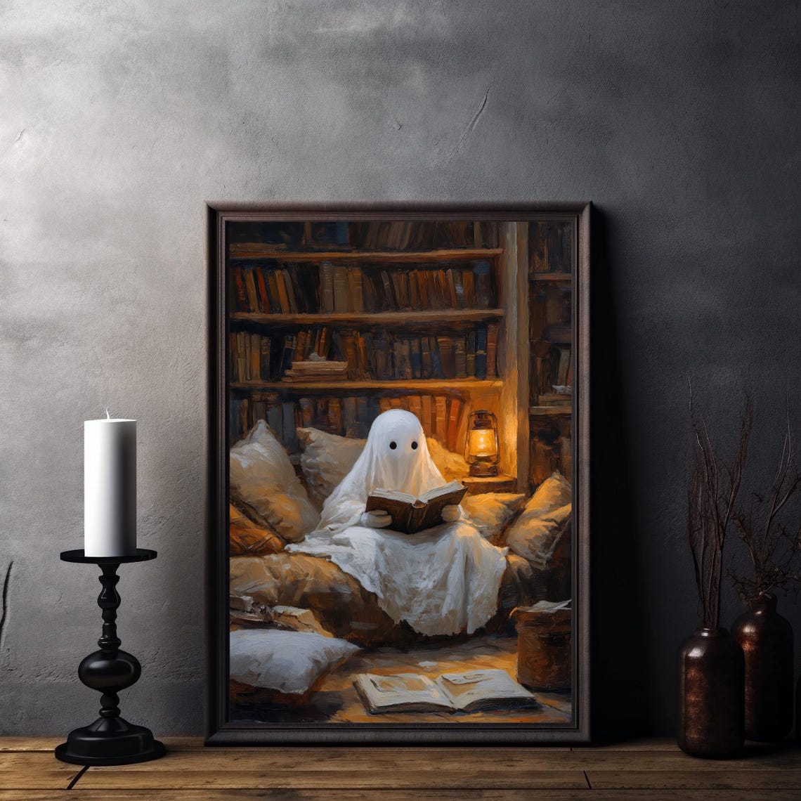 Cozy Ghost Reading Book in Spooky Library Halloween Art Poster - Image 8