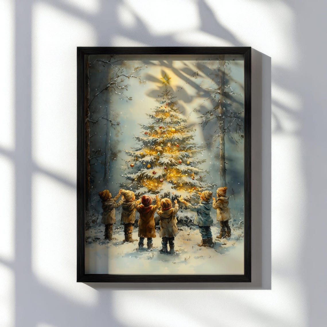 Six Children Around Glowing Christmas Tree Snowy Woods Poster - Image 3