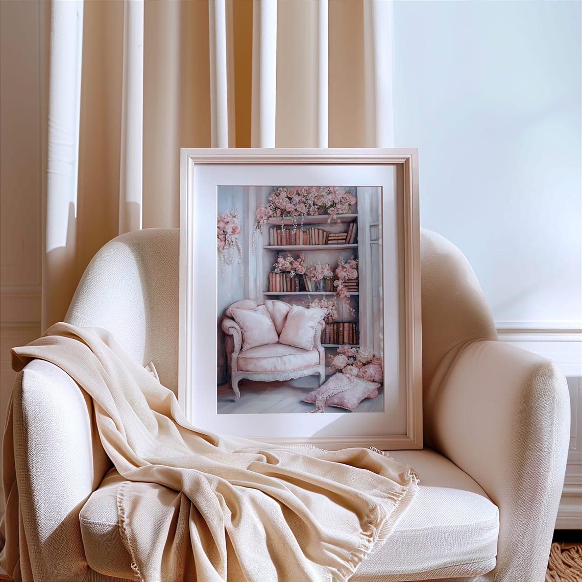 Pink Floral Bookshelf Reading Nook Shabby Chic Book Lover Poster - Image 4