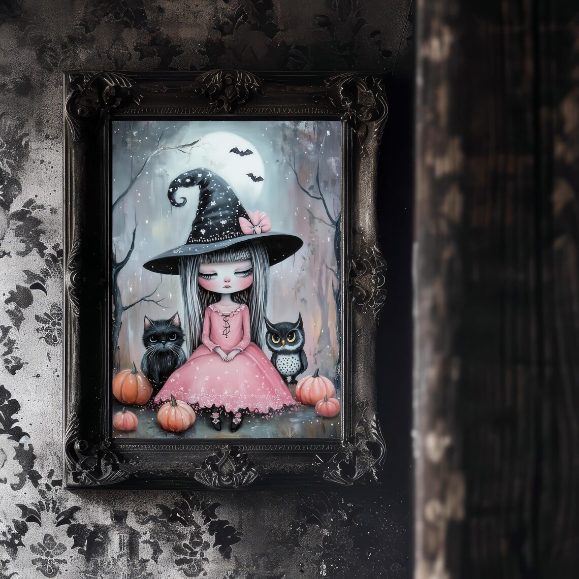 Cute Witch Girl With Cat Owl Moon Pink Halloween Fantasy Art Poster - Image 4