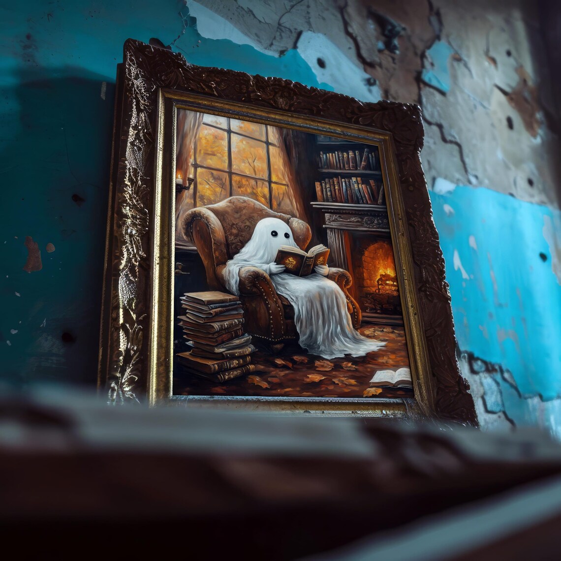 Cute Ghost Reading in Armchair by Fireplace Halloween Art Poster - Image 5