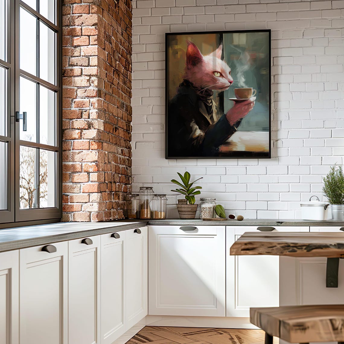 Pink Cat in Suit Drinking Coffee Funny Cafe Animal Wall Poster - Image 6
