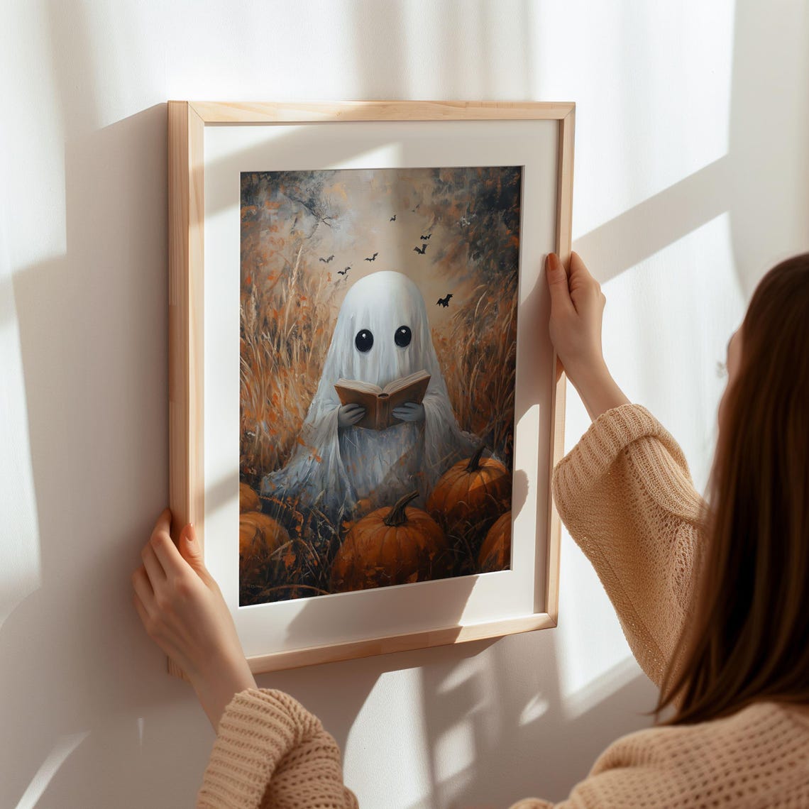 Cute Ghost Reading Book in Pumpkin Patch Halloween Night Poster - Image 3