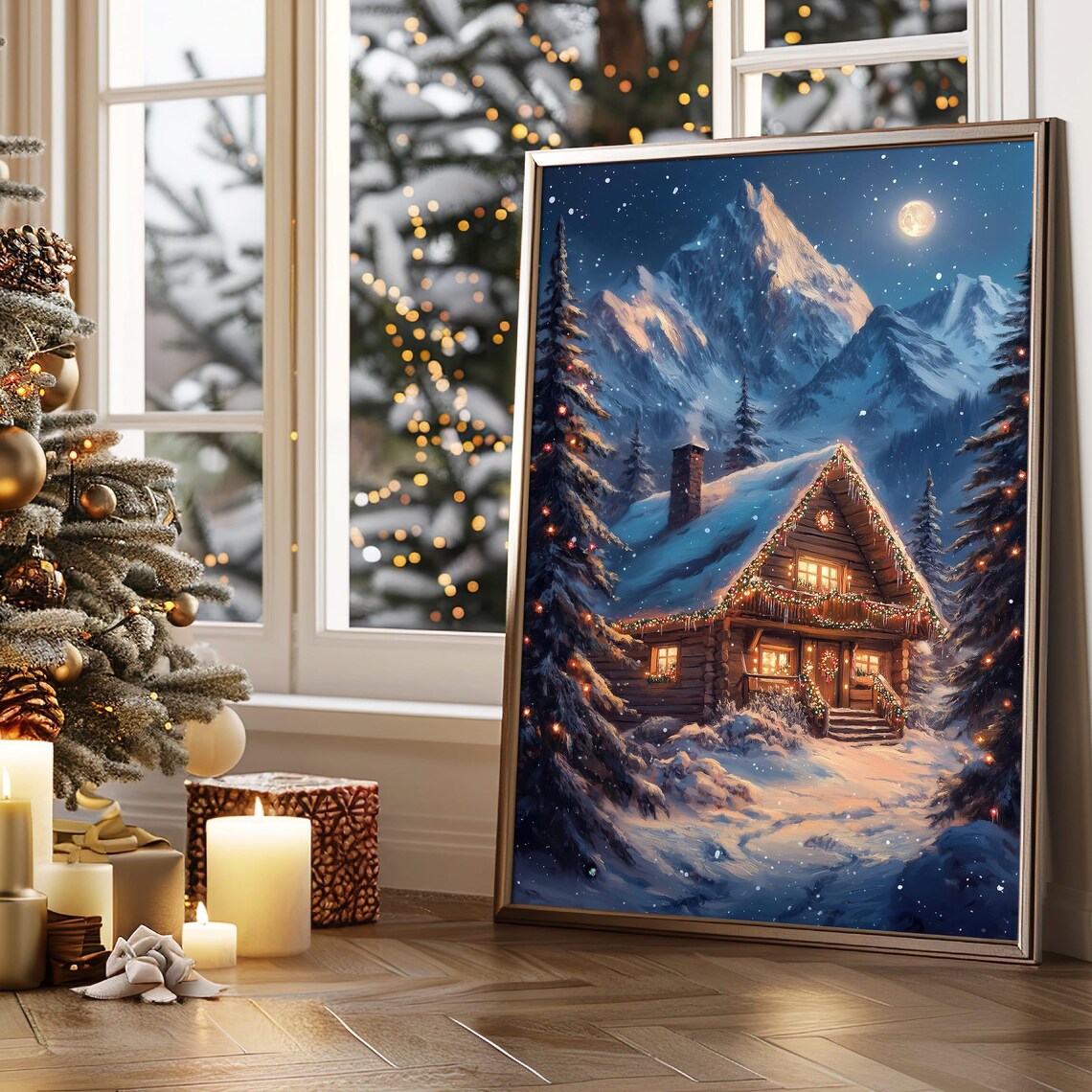 Christmas Cabin with Twinkling Lights Under Full Moon Snowy Night Poster - Image 2