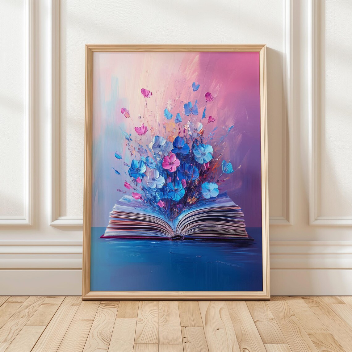 Blue Pink Flowers Rising From Open Book Dreamy Decor Art Poster