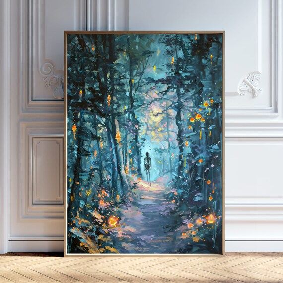 Skeleton in Glowing Blue Forest Night Halloween Painting Poster