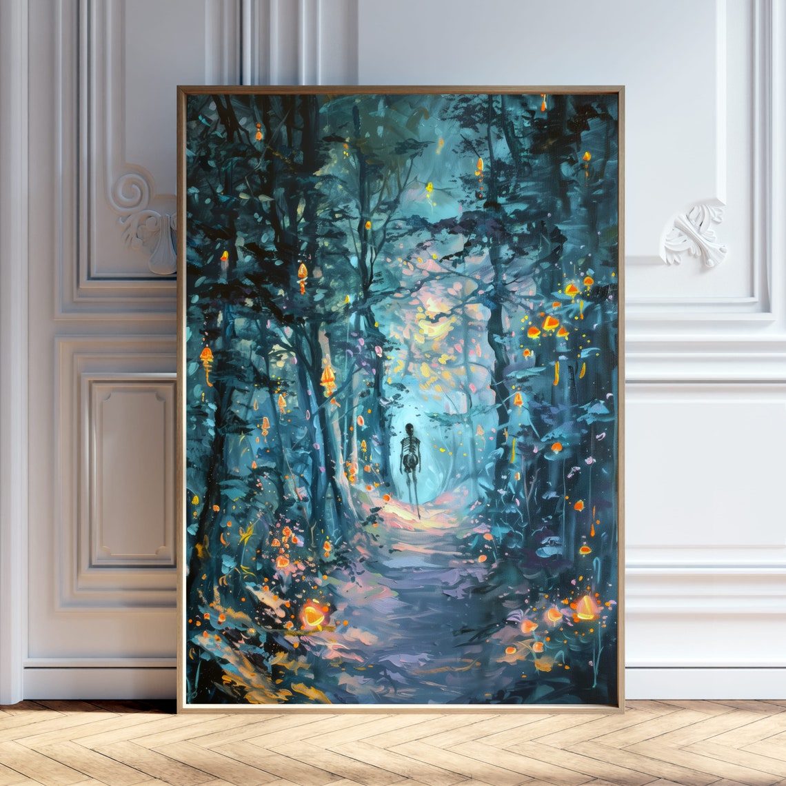 Skeleton in Glowing Blue Forest Night Halloween Painting Poster