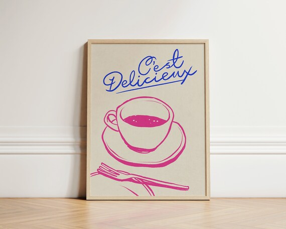 C'est Delicieux French Coffee Cup Pink Blue Line Art Kitchen Poster
