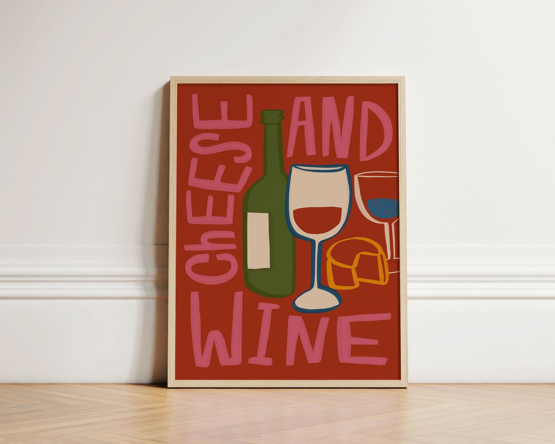 Cheese and Wine Retro Typography Kitchen Decor Foodie Wall Art