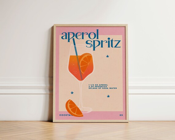 Aperol Spritz Cocktail Recipe Retro Pink Bar Cart Kitchen Art Poster