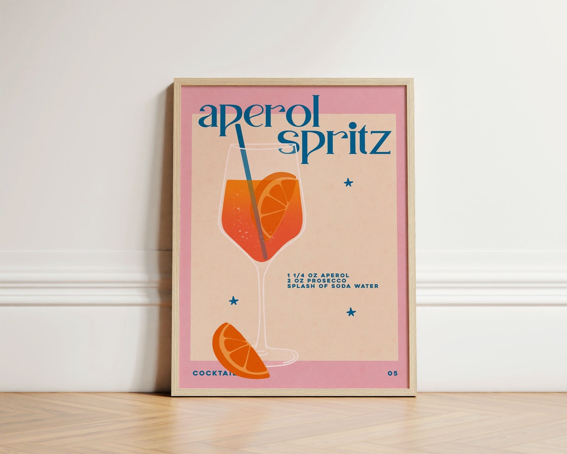 Aperol Spritz Cocktail Recipe Retro Pink Bar Cart Kitchen Art Poster