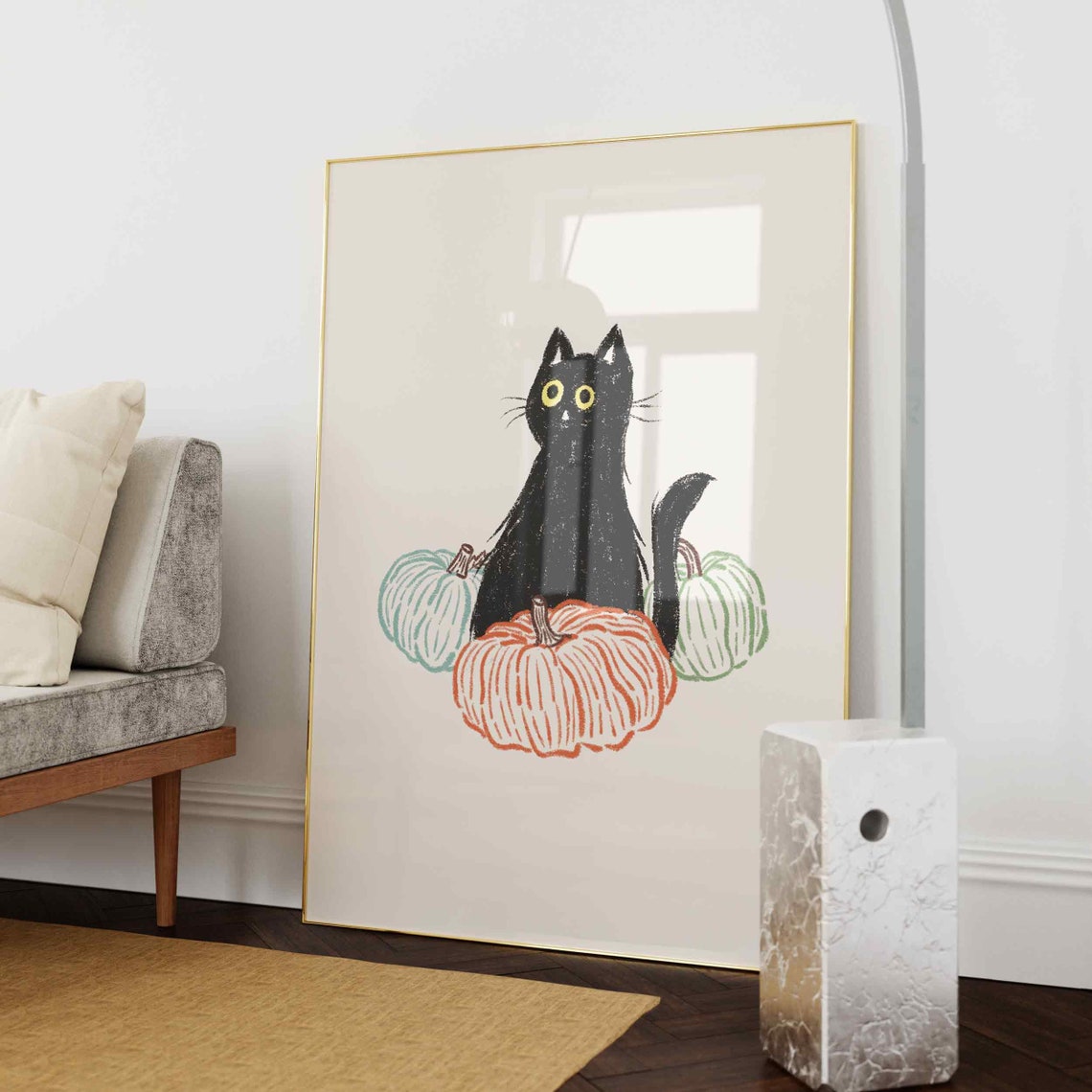 Cute Black Cat White Pumpkins Neutral Halloween Fall Wall Art - Image 3