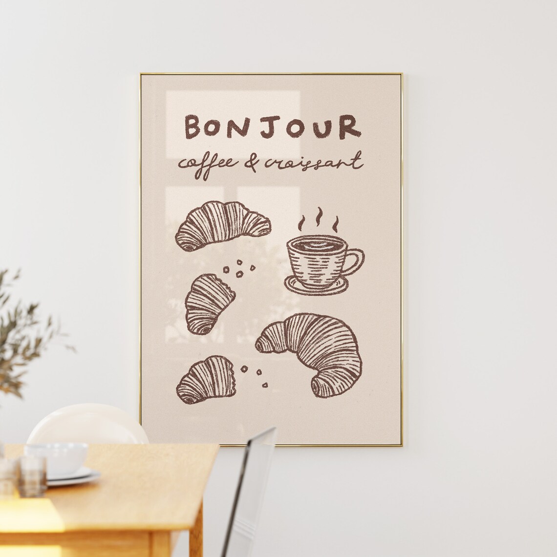Bonjour Coffee and Croissant Brown Line Art French Cafe Poster - Image 5