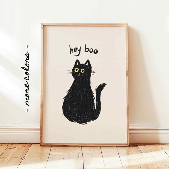 Hey Boo Black Cat Spooky Cute Hand Drawn Halloween Quote Poster