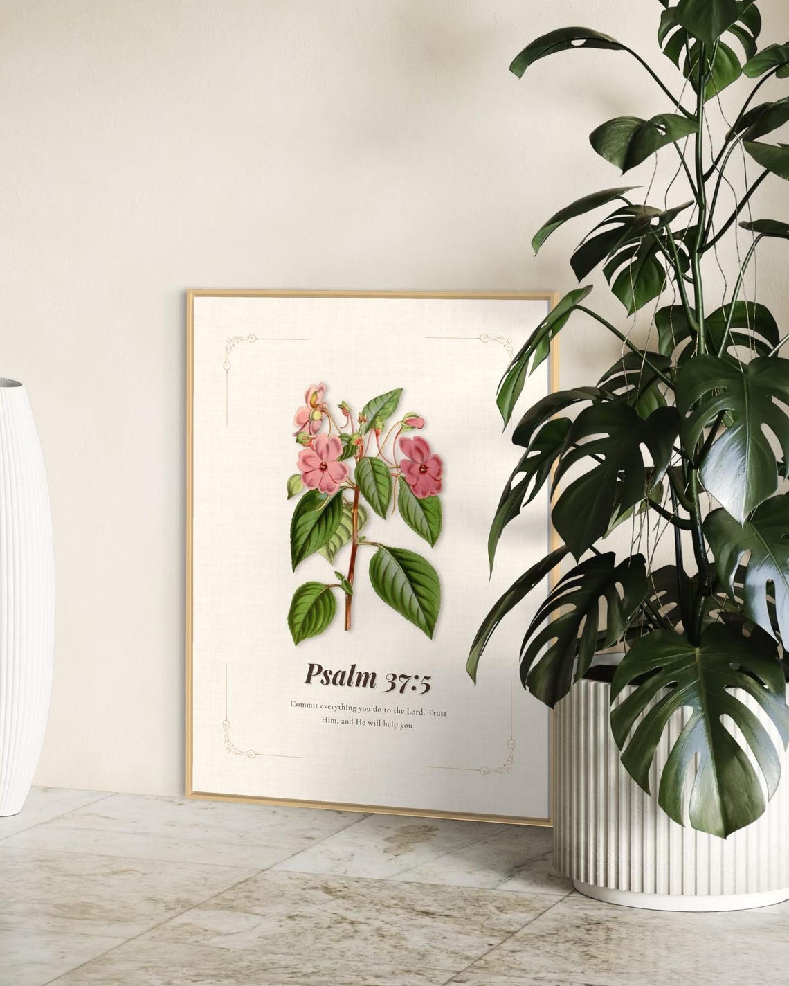 Psalm 37:5 Pink Vintage Botanical Scripture Verse Faith Poster - Image 3