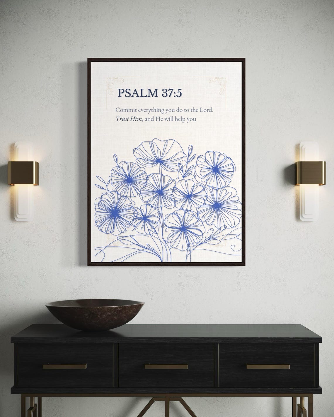 Psalm 37:5 Blue Floral Line Art Bible Scripture Verse Poster - Image 3